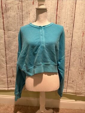 aerie Aqua Cropped Henley Sweatshirt